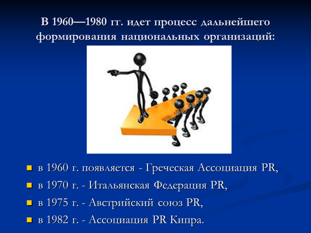 В 1960—1980 гг. идет процесс дальнейшего формирования национальных организаций: в 1960 г. появляется -